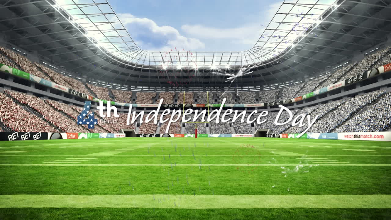 animación del texto del día de la independencia sobre el estadio deportivo