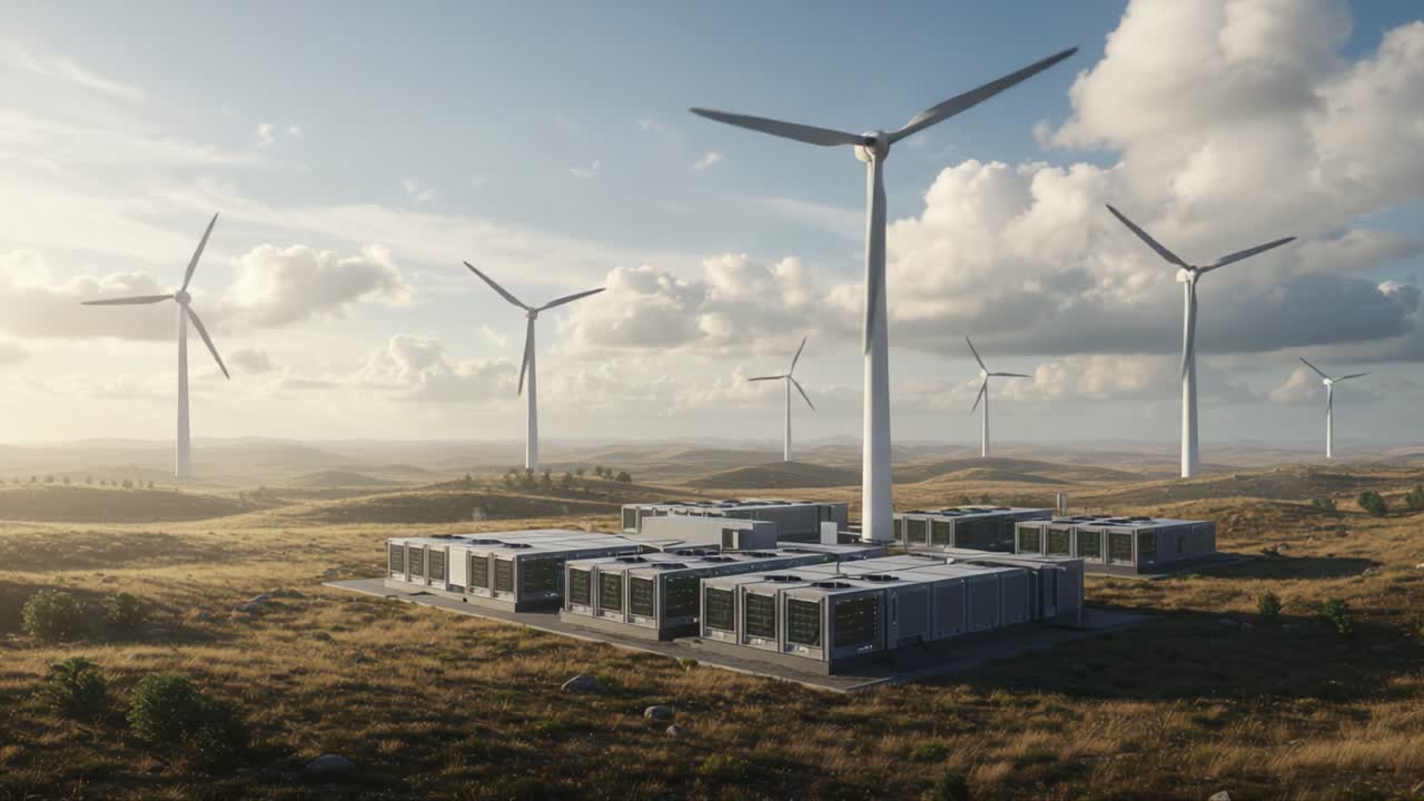 A Scenic View of a Wind Farm with Turbines and Renewable Energy Infrastructure Under a Beautiful Sky