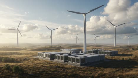 a scenic view of a wind farm with turbines and renewable energy infrastructure under a beautiful sky