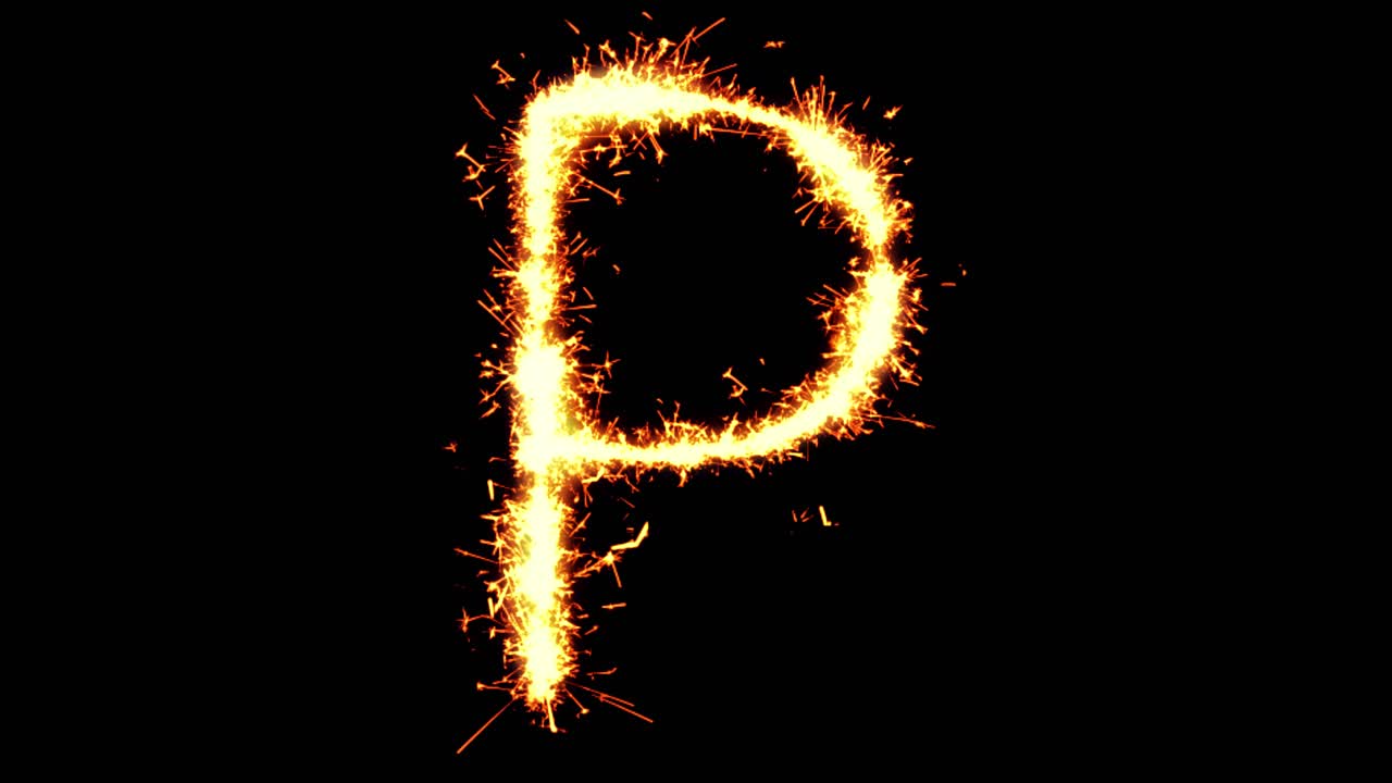 Alphabet p text sparkler writing with glitter sparks particles firework on black 4k loop background