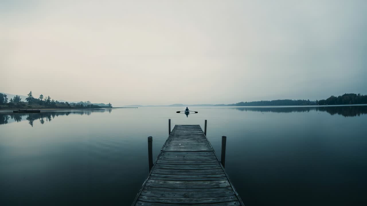 Starting first stroke, lone boater paddling kayak toward wooden dock on calm lake, creating ripples