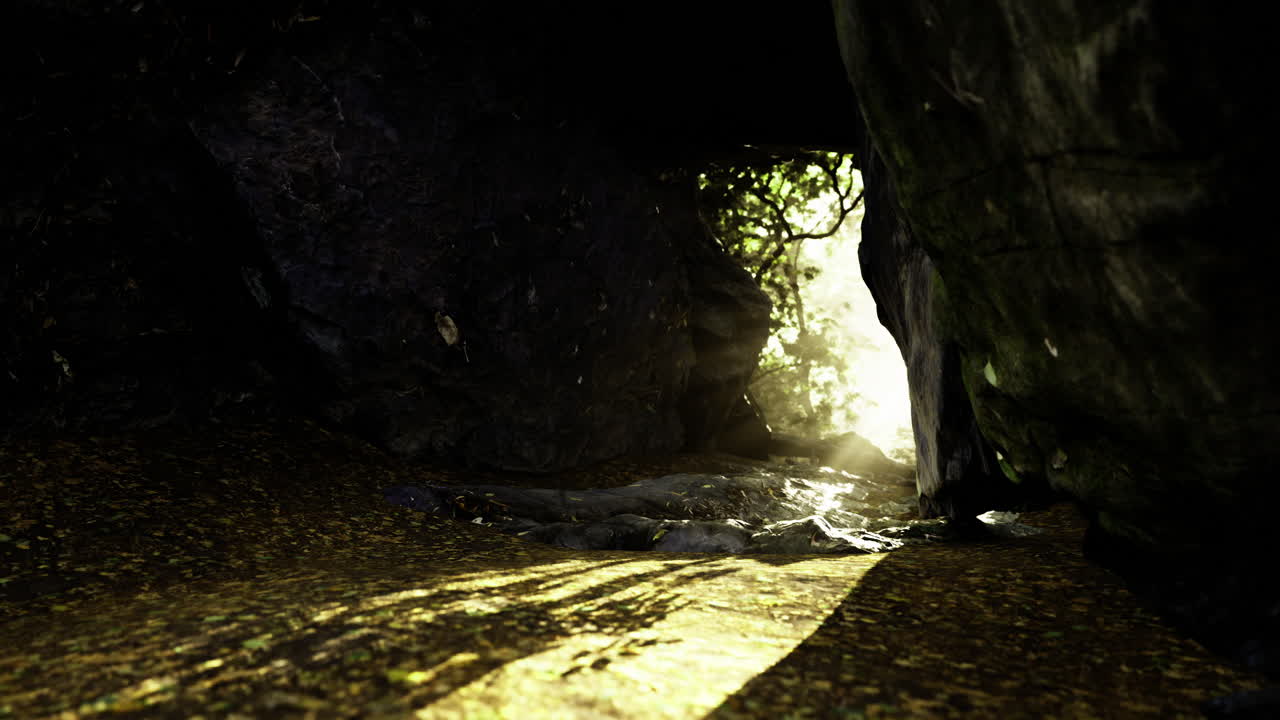 Light streaming through a cave entrance in a lush forest setting