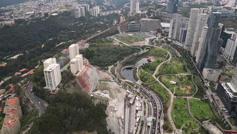 Aerial-view-of-the-parks-and-lakes-of-Santa-Fe-business-districts,-Mexico-City