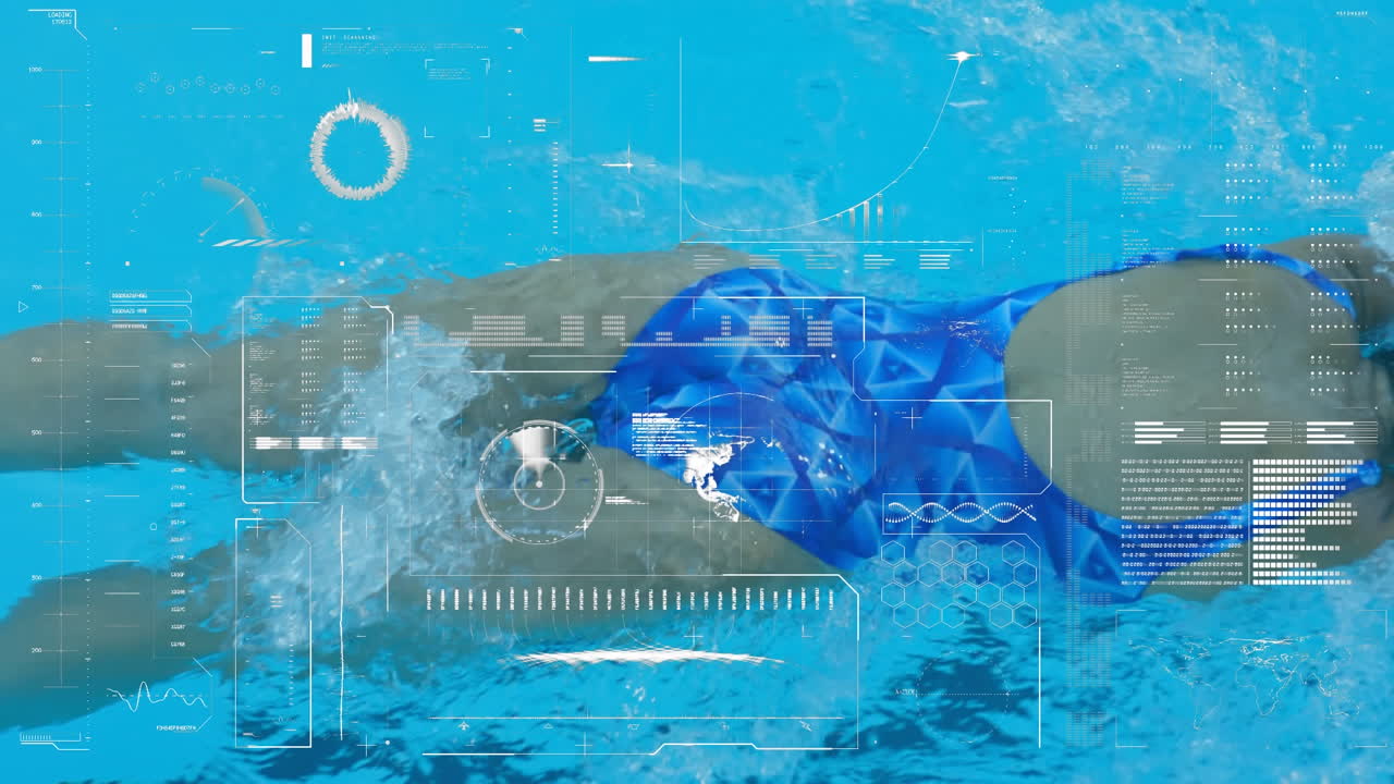 수영장에서 수영하는 여성 수영 선수에 대한 데이터 처리와 디지털 인터페이스