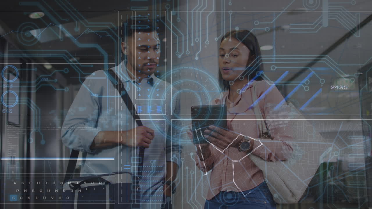 Animation of data processing over diverse business people in office