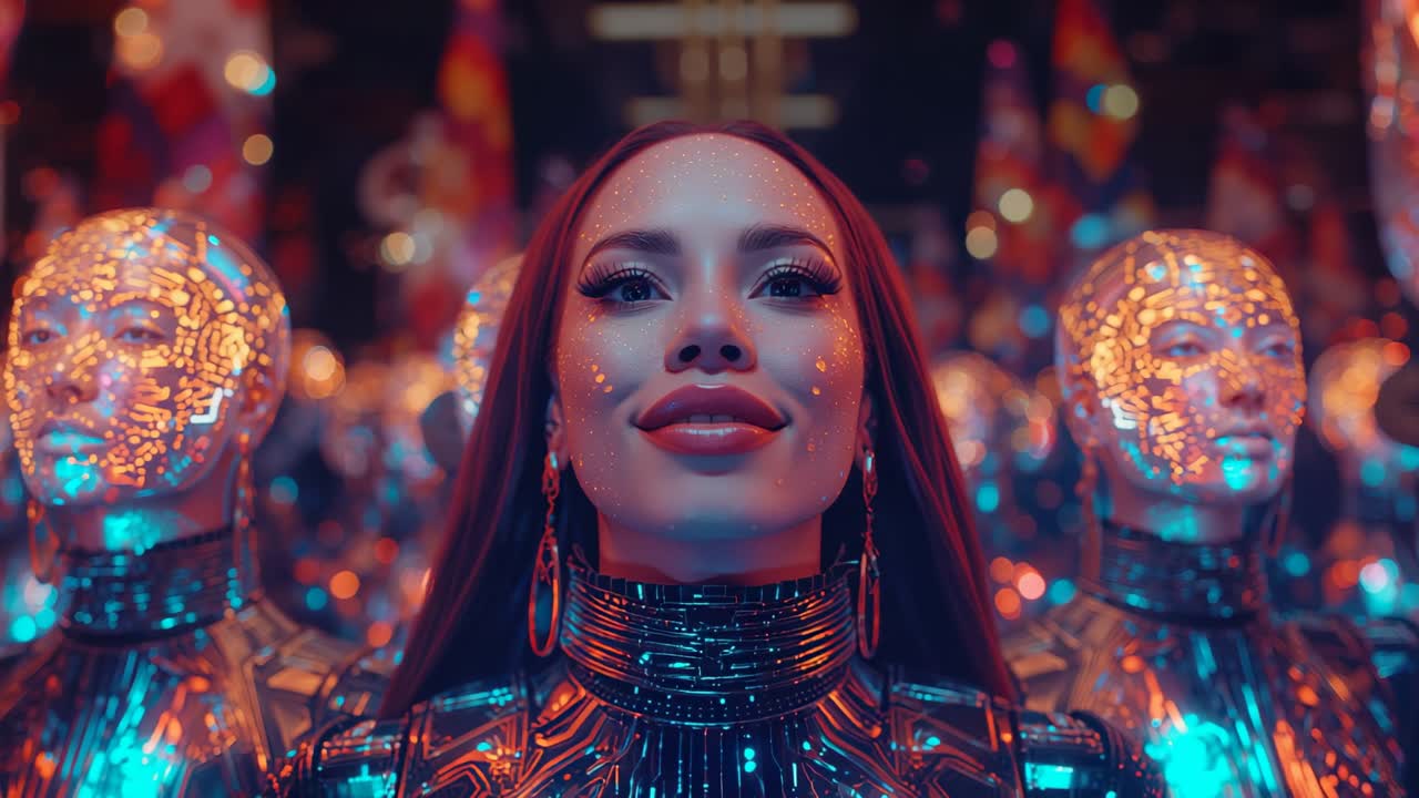 Reacting to pulsing lights on androids, bodysuit woman smiling, gazing upward in expo hall