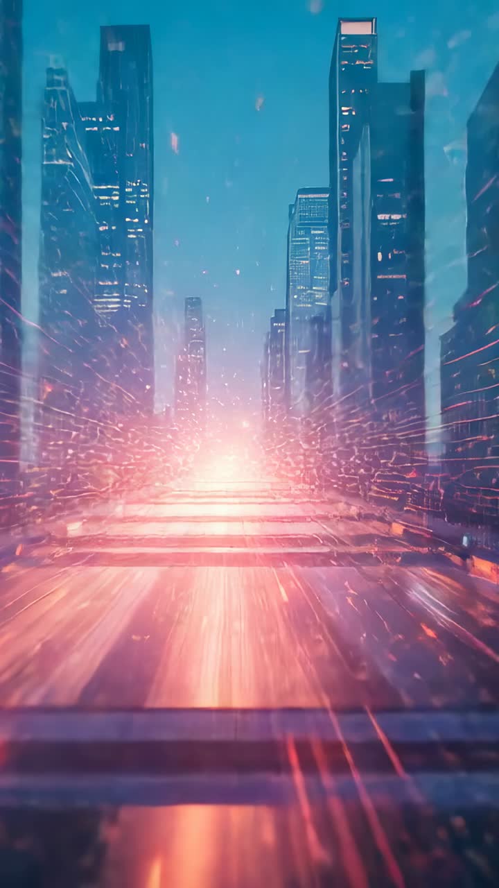 Vertical video: Light streaks sparking neon rails speeding toward horizon through corridor