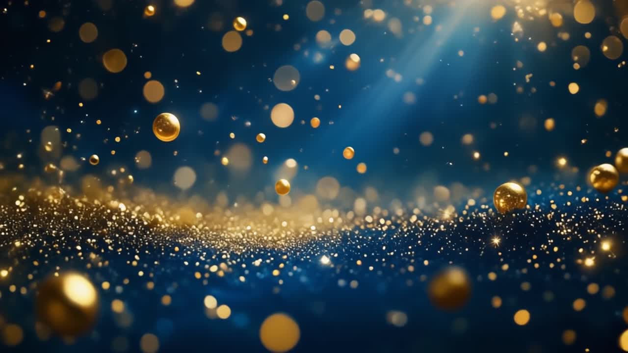 Particelle dorate scintillanti e bokeh fluttuanti su sfondo blu scuro