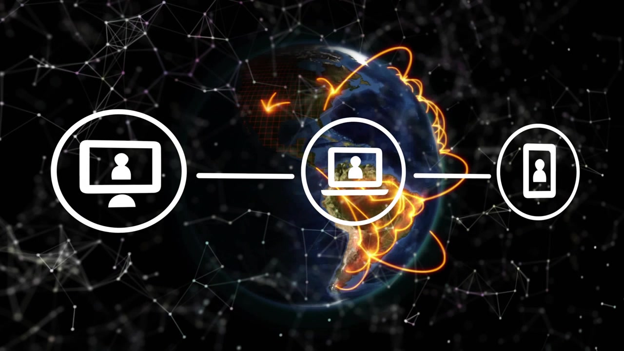 On laptop fading in, orange arcs looping on globe while three icons connecting, showing data flow