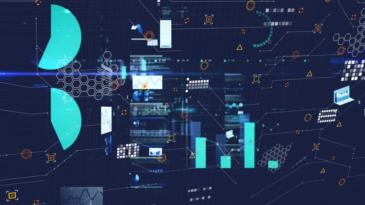 Animation of statistical data processing and light spot against blue background