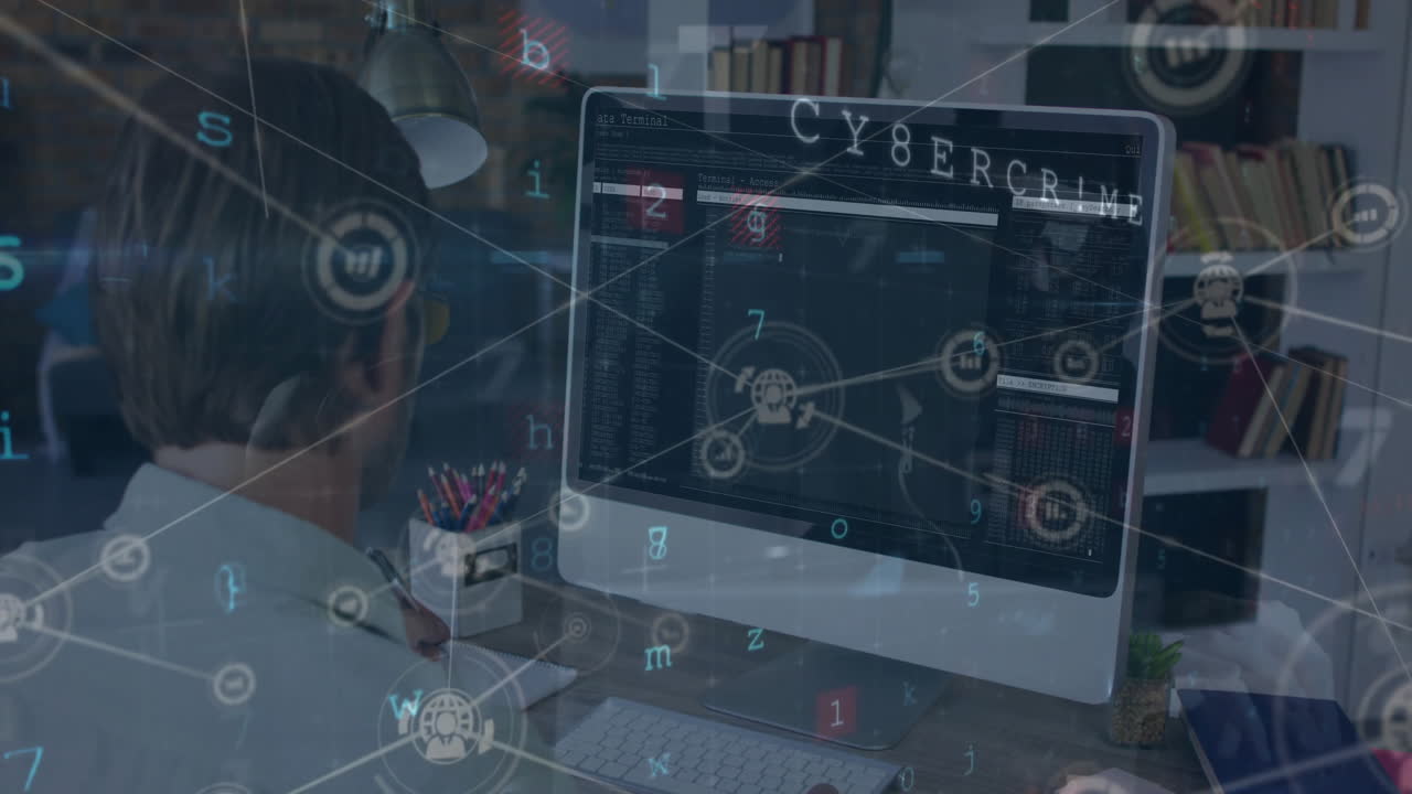 연결 및 데이터 처리의 애니메이션을 통해 사무실에서 컴퓨터를 가진 백인 사업가