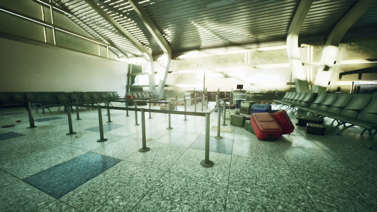 Abandoned airport terminal with scattered luggage and empty seating in daylight