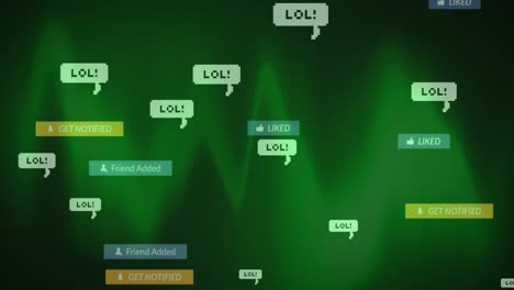 Animation-of-online-social-media-messages-on-desktop,-with-moving-green-lights-in-background