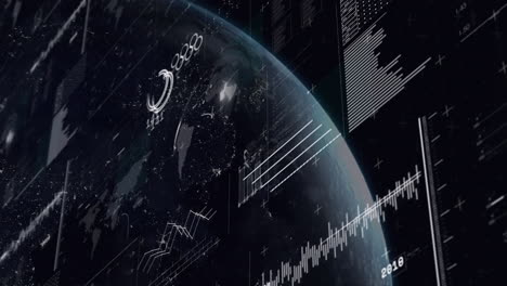 animation of financial data processing over globe on dark background