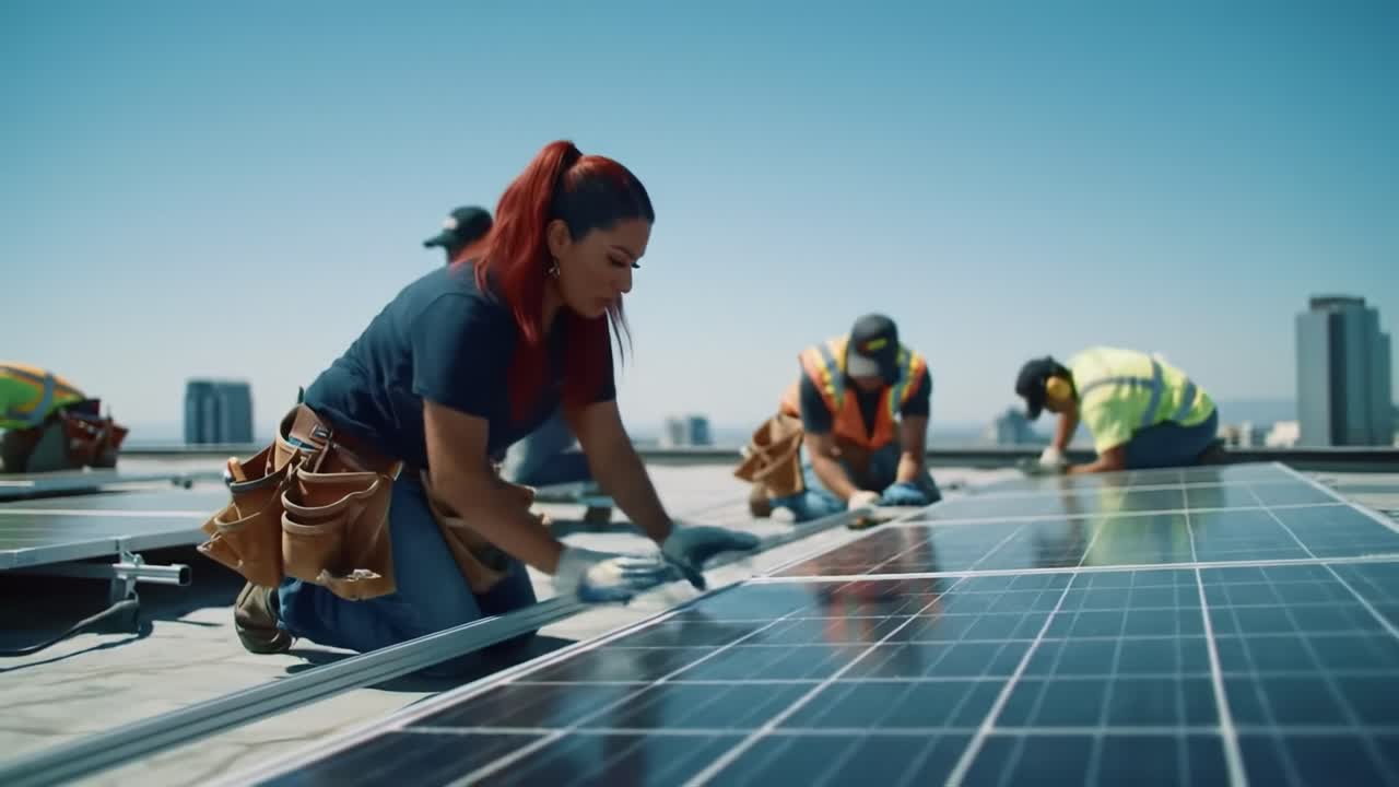 A group of skilled workers installs solar panels on a rooftop in a city, showcasing teamwork and dedication to renewable energy under a bright sky.