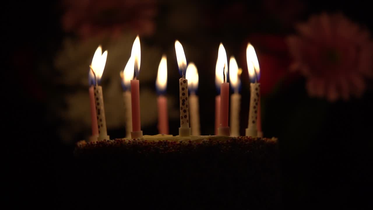 velas encendidas para el pastel de cumpleaños número 12 sobre fondo floral oscuro
