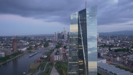 moody european central bank ecb tower in frankfurt am main germany from a drone at sunrise 4k