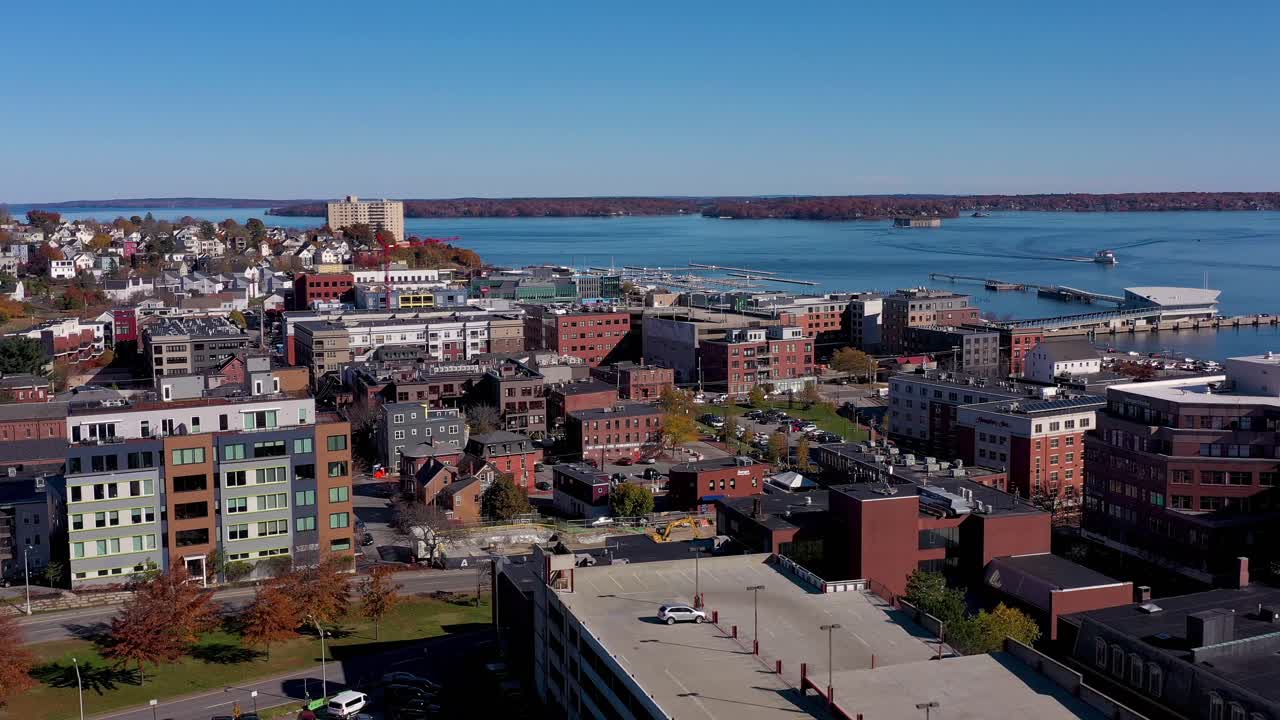 Aerial View of a Coastal City in Autumn
