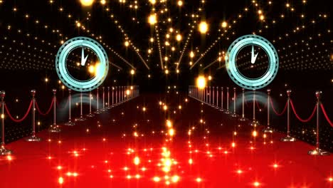 Animation-of-gold-dots-and-moving-clocks-over-red-carpet