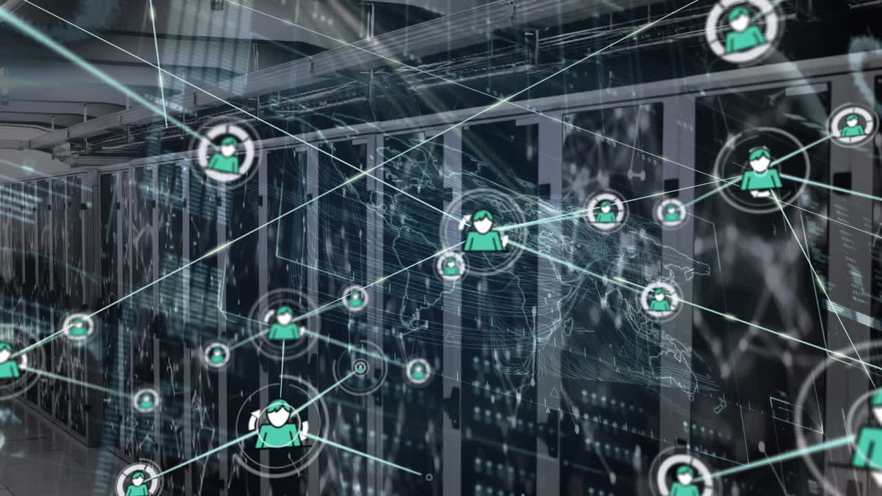 Animation of network of connections with icons and data processing over server room
