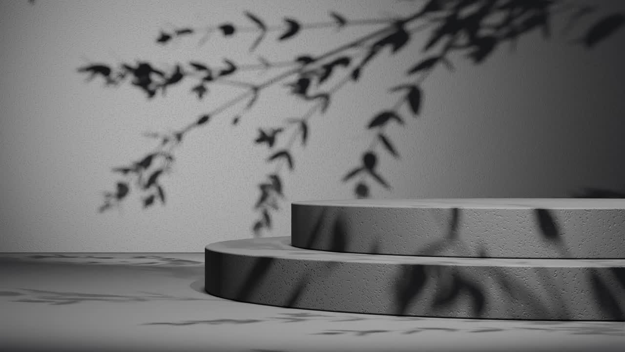 Minimal round concrete podium with shadow of leaves on grey wall. Natural sunlight overlay in studio setting. Botanical and product display mockup. Design for banner, poster,