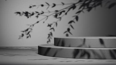 minimal round concrete podium with shadow of leaves on grey wall. natural sunlight overlay in studio setting. botanical and product display mockup. design for banner, poster,
