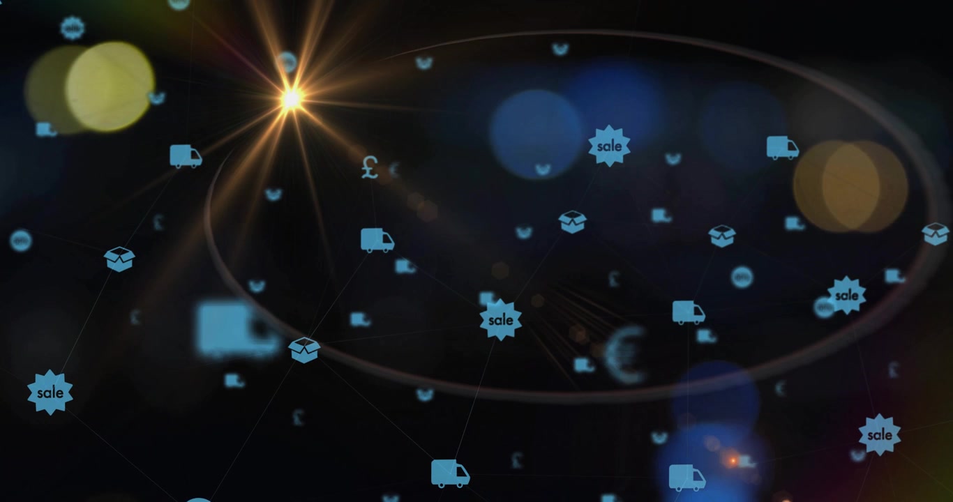 Golden orb appearing at left attracting neon-blue e-commerce icons linking lines, clustering inward