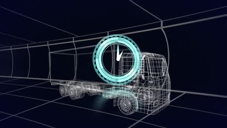 Animation-of-clock-over-3d-drawing-model-of-lorry-and-grid