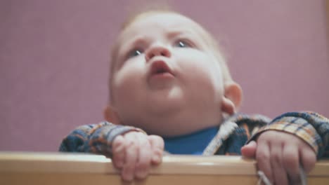 little boy in checkered shirt leans on bed against pink wall