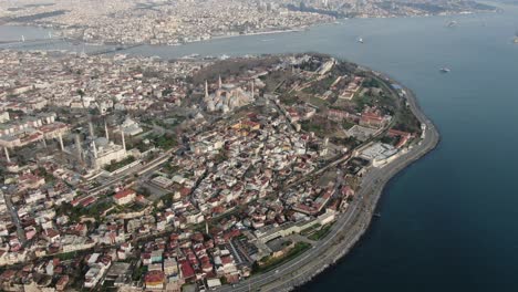 istanbul, turkey. sultanahmet with the blue mosque and the hagia sophia (ayasofya) with a golden hornt. topkapi palace aerial view.