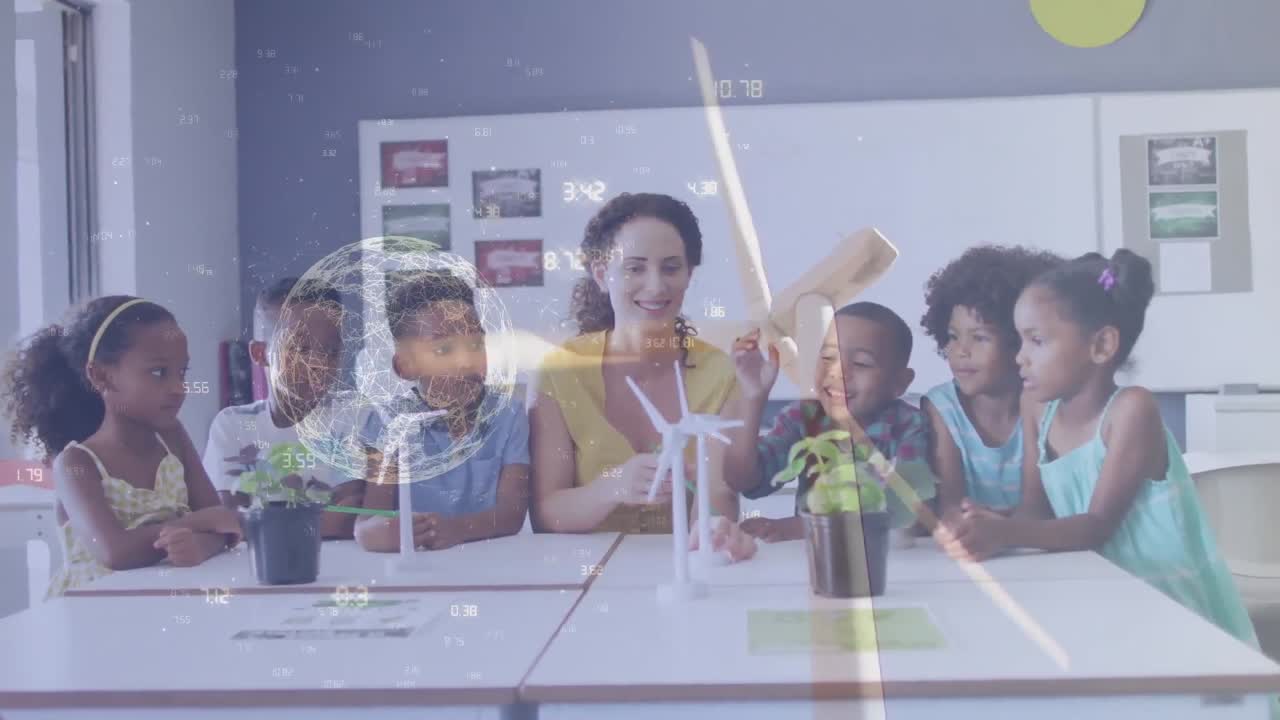 Animation of global network over happy diverse female teacher and pupils with wind turbines in class