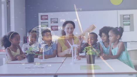 animación de una red global de maestras y alumnas felices y diversas con turbinas eólicas en clase