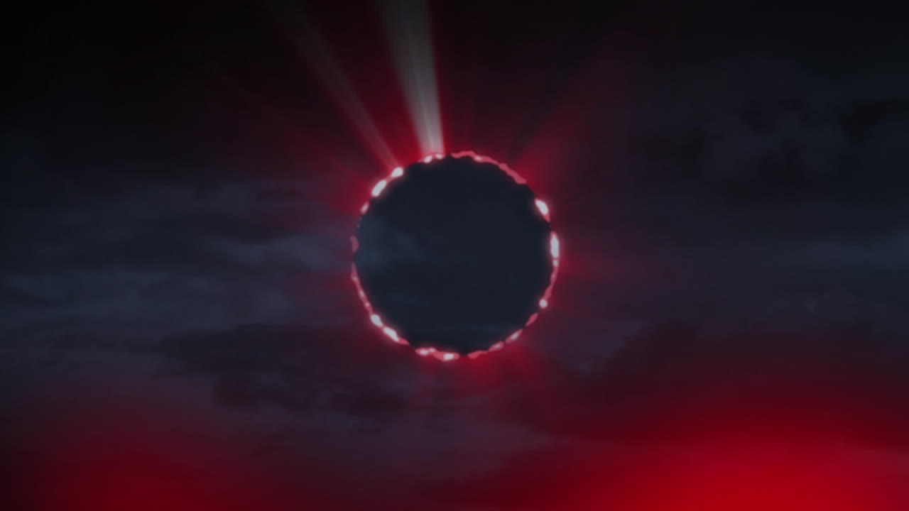 검은 바탕 위에 움직이는 불빛과  ⁇ 은 모양과 구름의 애니메이션