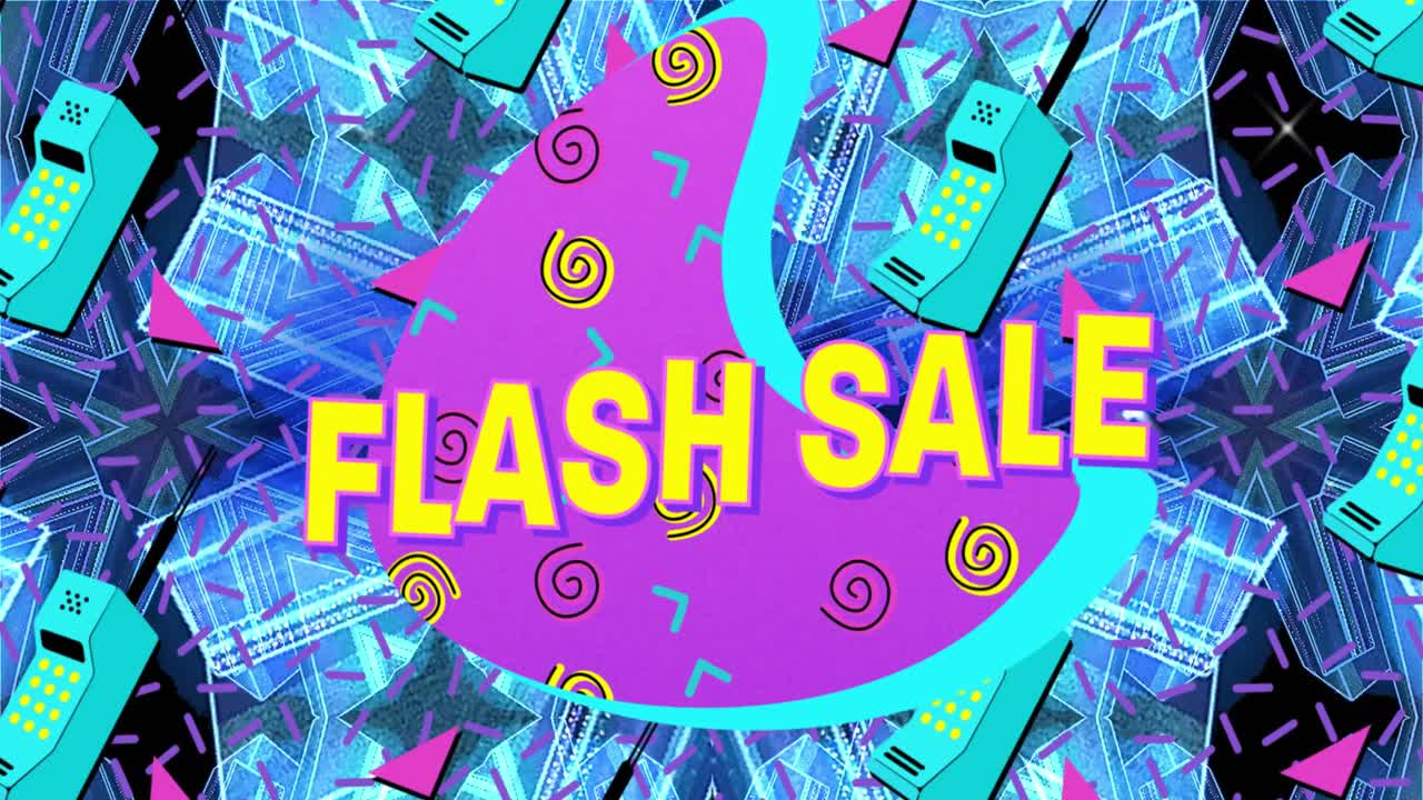 파란색 배경에 끊임없는 패턴으로 전화 아이콘에 대한 보라색 배너에 플래시 판매 텍스트