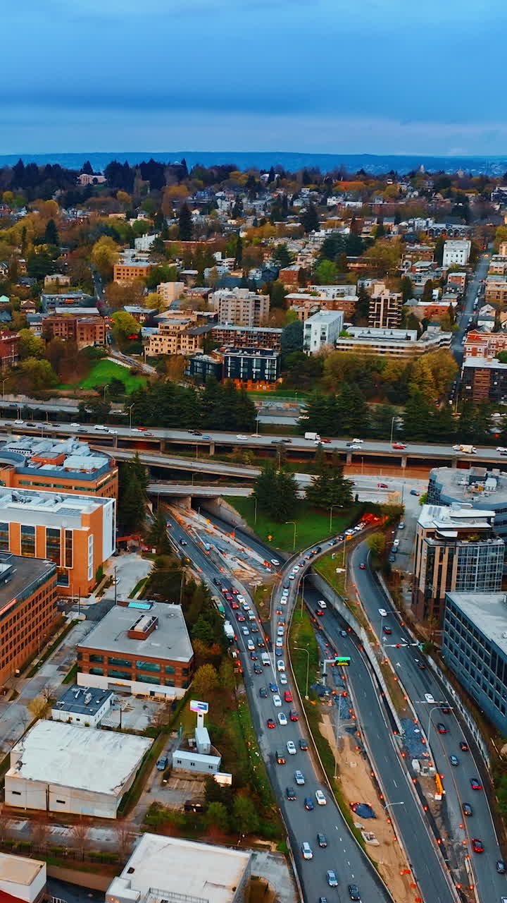 Sunny washington state city buildings. Seattle american city aerial view. Vertical video