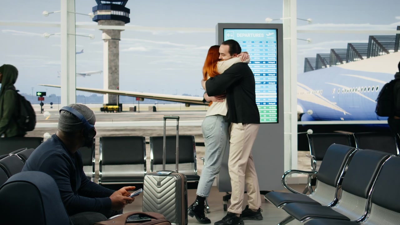 Pareja joven reuniéndose en la terminal del aeropuerto después de una relación a distancia