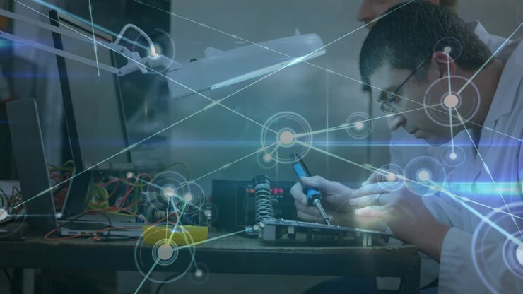 Animation of network of connections over caucasian men repairing computer hardware
