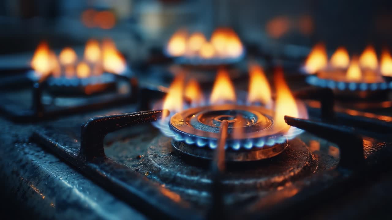 Llamas cautivadoras bailan dentro de los quemadores de la estufa de gas, iluminando la cocina con calidez y energía, mostrando la belleza del fuego controlado en la cocina cotidiana.