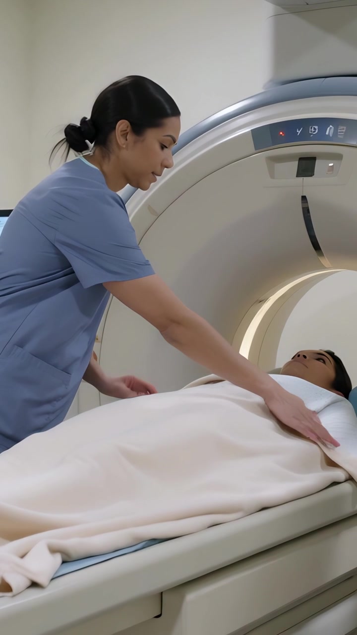 Video verticale: Tecnico in camice che si avvicina e copre il paziente in camice con una coperta, preparandolo per la risonanza magnetica.