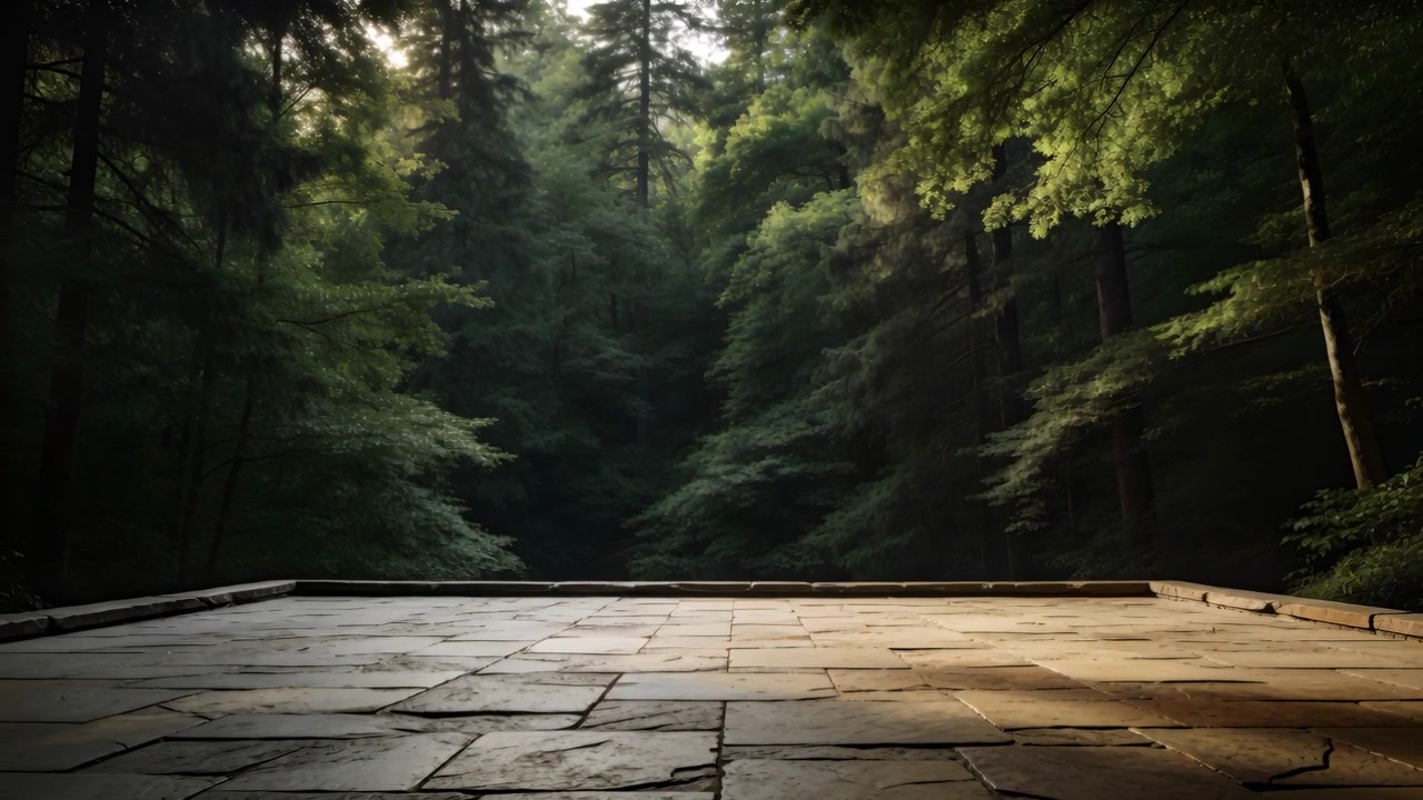 Shifting sunlight casting warm patch across stone-paved terrace at forest edge, low curb present
