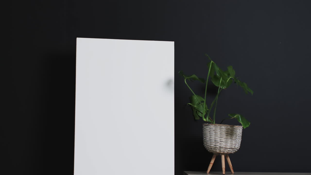 video de un letrero de lienzo blanco en un caballete de madera con espacio de copia y planta en el escritorio sobre un fondo negro