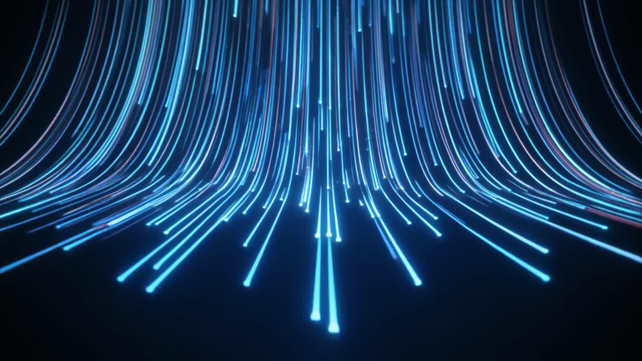 Abstract Blue Digital Light Trails Flowing on Dark Background