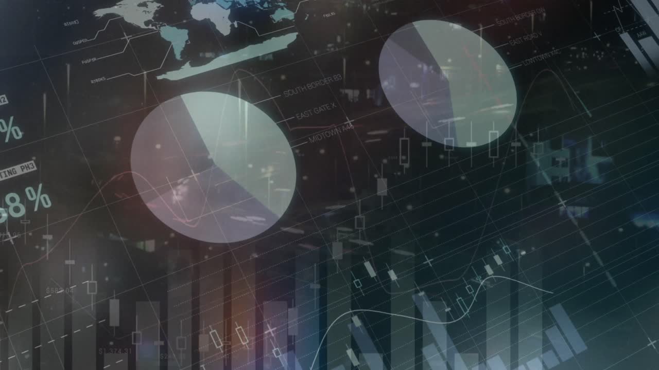Animation of financial data processing over cityscape