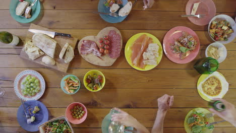 friends making a toast at a dinner table, overhead, shot on r3d