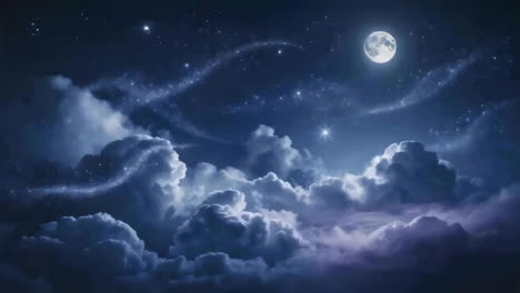 dreamy night sky with full moon, shimmering stars, and clouds