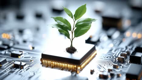 plant on microchip surface. a plant sprouts from a microchip, symbolizing the fusion of technology and nature in a futuristic setting.