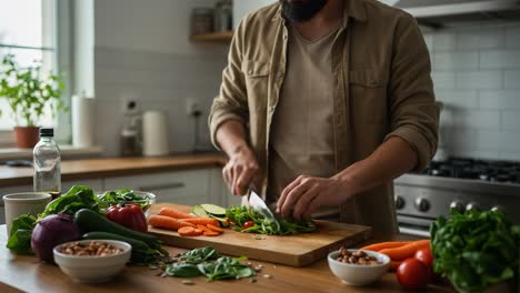 a passionate home cook prepares fresh vegetables on a wooden cutting board in a bright kitchen, showcasing culinary skills and healthy ingredients for a delicious meal