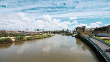 Beautiful-Puffy-Clouds-Moving-fast-over-the-Yarkon-River,-Tel-Aviv