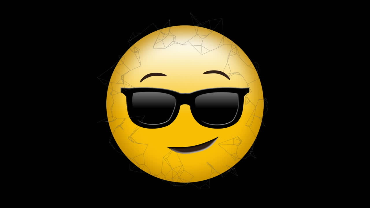 Formas geométricas abstractas flotando sobre un emoji de cara con gafas de sol sobre fondo negro