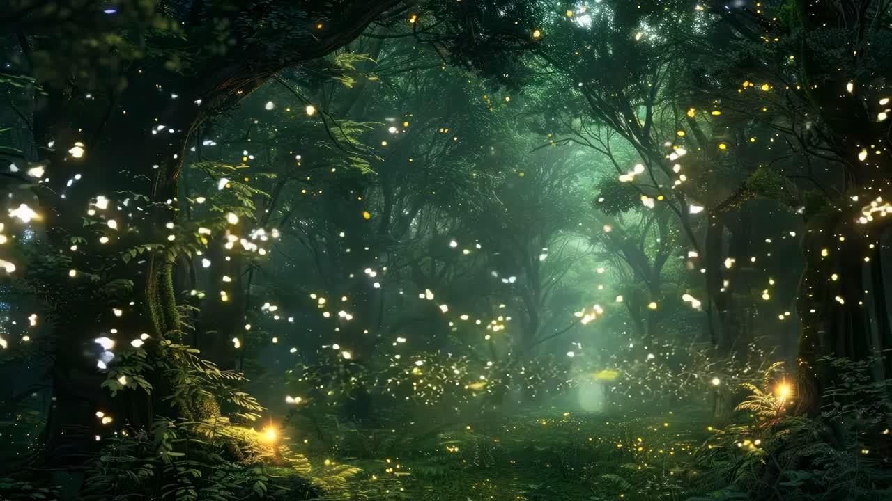 Enchanted forest scene with glowing fireflies, captured from a low-angle, creating a magical